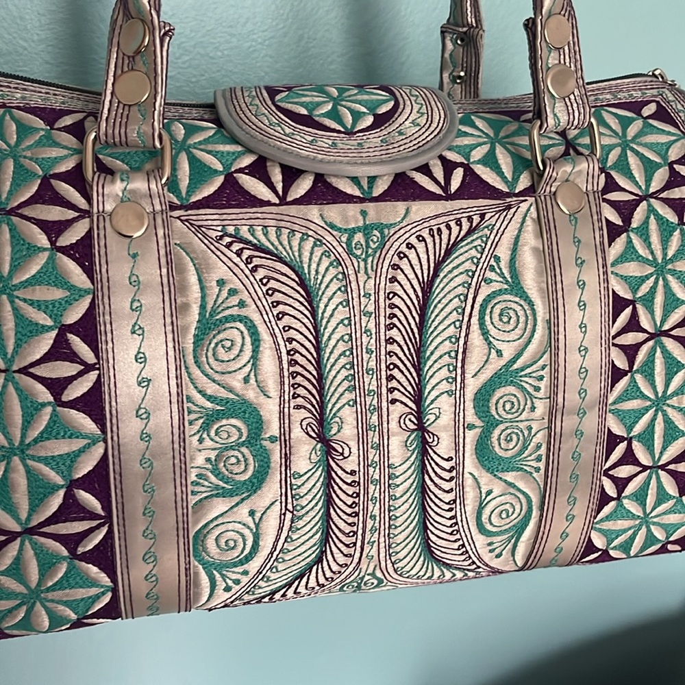 Embroidered Barrel Mini Bag in Teal & Purple - Picture 2 of 6